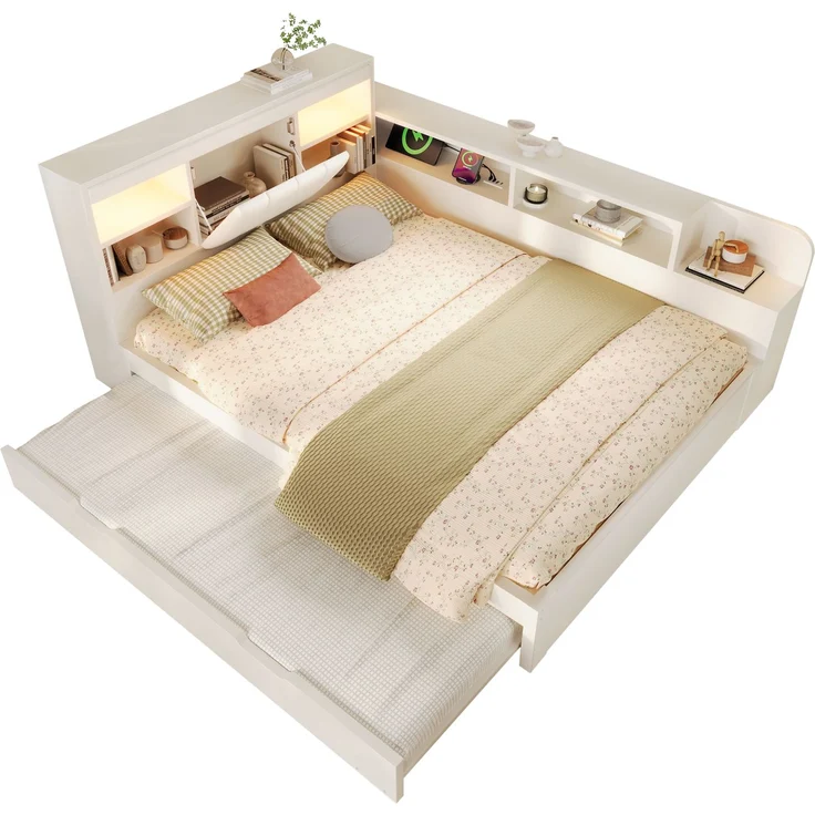 Ausziehbett 140×200 cm mit Zusatzbett 90×190 cm, gepolstertem Kopfteil, Weiß, ohne Matratze – Bild 3