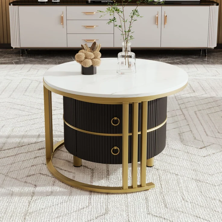 Couchtisch 2-teilig Set rund mit Marmormuster Gold und Schwarz Hochglanz Tischplatte mit Schubladen Stauraum – Bild 4