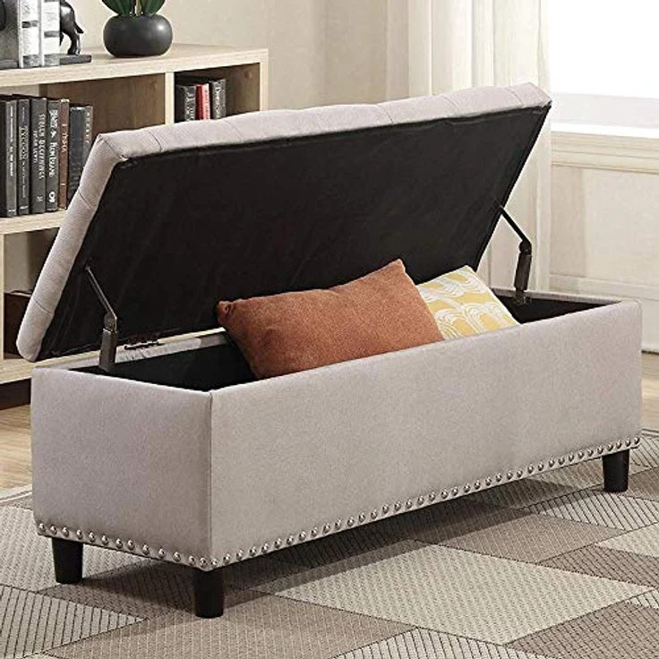 BAKAJI Sitztruhe, Sitzhocker, Fußhocker für Schlafzimmer, Hocker mit Holzrahmen, Bezug aus Stoff, Sitzfläche zum Öffnen, gepolstert, Farbe: Beige, Maße: 121 x 42 x 43 cm – Bild 2