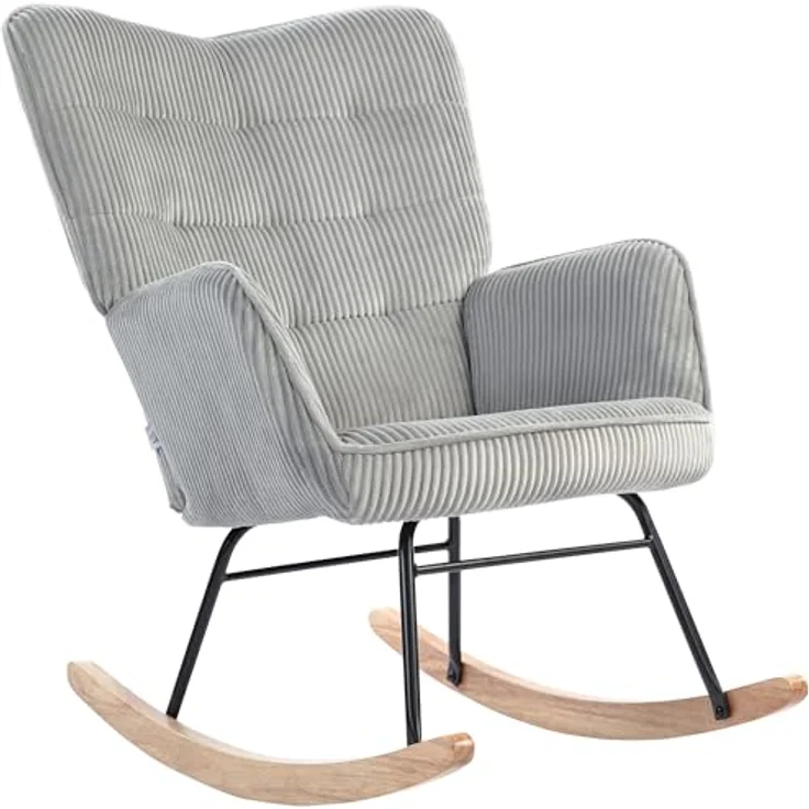 HOMCOM Schaukelstuhl, Schaukelsessel mit Kordoptik, Armlehne, Sessel mit Holzkufen, Relaxsessel für Wohnzimmer, Schlafzimmer, Hellgrau – Bild 2