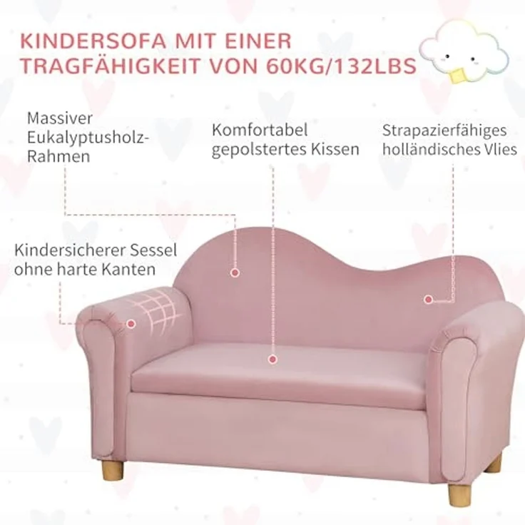 HOMCOM Sessel Zweisitzer mit Stauraum, Spielsofa für Kinder, Rosa (Kindercouch, 1-St, Kindersofa), 84L x 41.5B x 48.5H cm – Bild 4