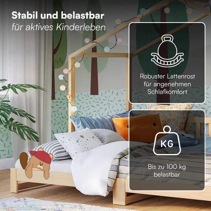 Bellabino 'Bia' Hausbett 90x200 cm/180x200 cm mit 2x 90x200 cm Matratze, natur, Kiefer Massivholz, Bodenbett in Hausoptik, ausziehbares Kinderbett mit Lattenrost – Bild 5