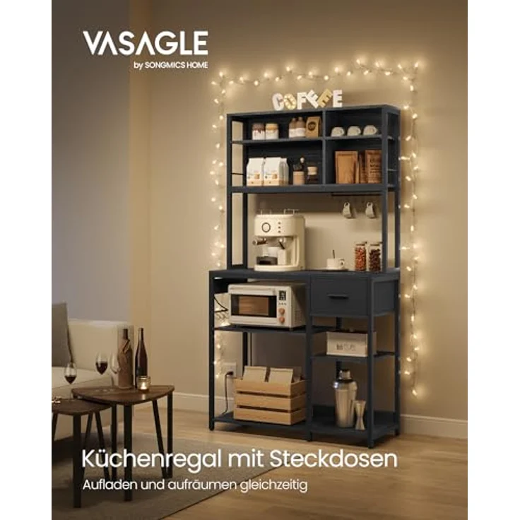 VASAGLE Küchenregal mit Steckdosen, Standregal, Mikrowellen-Regal, verstellbare Ablagen, Stoffschublade, 12 Haken, 40 x 100 x 180,4 cm, für Mikrowellen, Küche – Bild 4