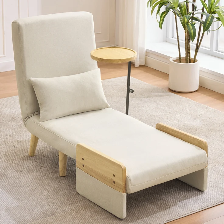 Verstellbarer Loungesessel mit 360° Holztablett, Leinen, 88x74,5x66 cm, Beige – Bild 1