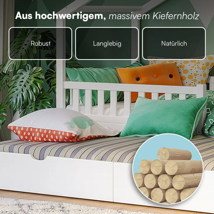 Bellabino 'Vils' Hausbett 90x200 cm mit Gästebett 90x190 cm, weiß, Kiefer Massivholz, Montessori Kinderbett mit Ausziehbett, inkl. Rausfallschutz und Lattenrost – Bild 6