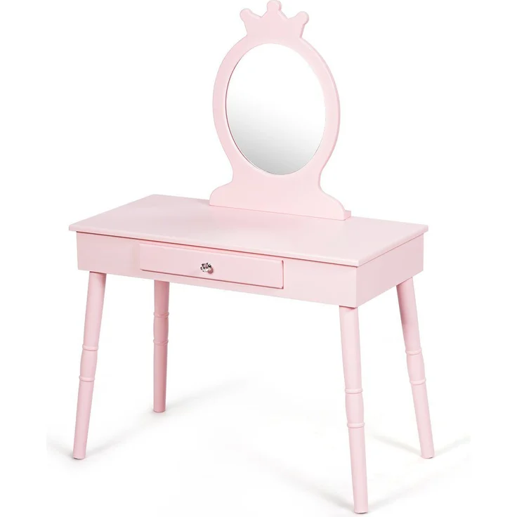 COSTWAY Kinder Schminktisch mit Hocker und abnehmbarem Spiegel, Holz pink, 34 x 70 x 100 cm – Bild 2