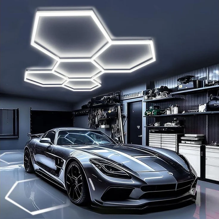 oyajia Deckenleuchte 5/14 Packs Hexagon Größer, LED Deckenleuchte Garage Light 720W 86400lm, ohne Rand, LED fest integriert, ‎Kaltweiß, LED Deckenleuchte für Garage, Studio, Parkplatz, Auto-Detailing-Shop – Bild 2