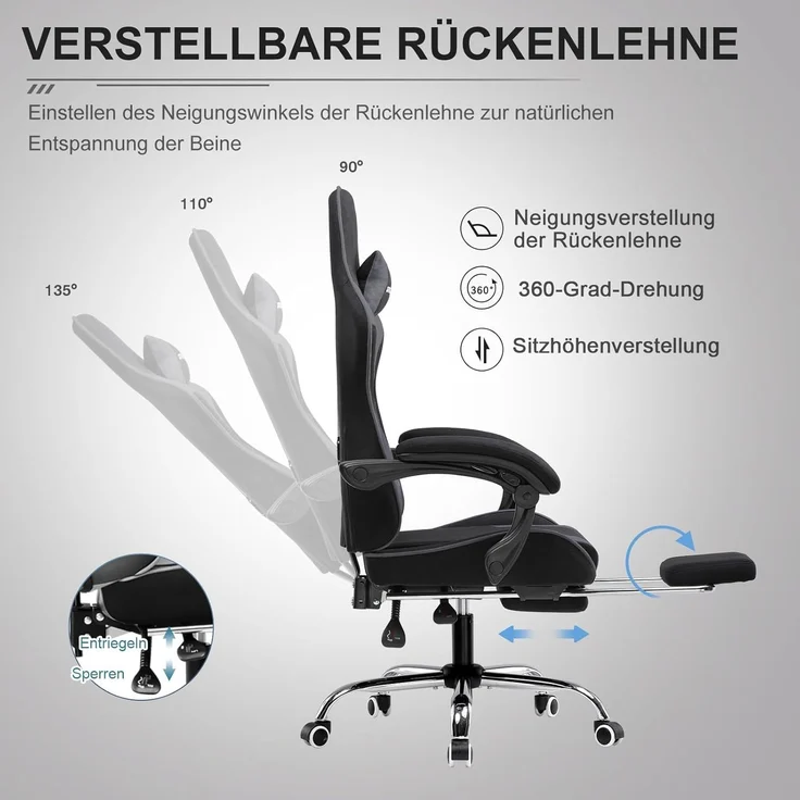 GTPLAYER Bürostuhl Gaming Stuhl Stoff Sessel Ergonomischer Gamer Stuhl mit Fußstütze, Kopfstütze Lendenkissen, Gepolstert Gaming Chair, Drehsessel – Bild 4