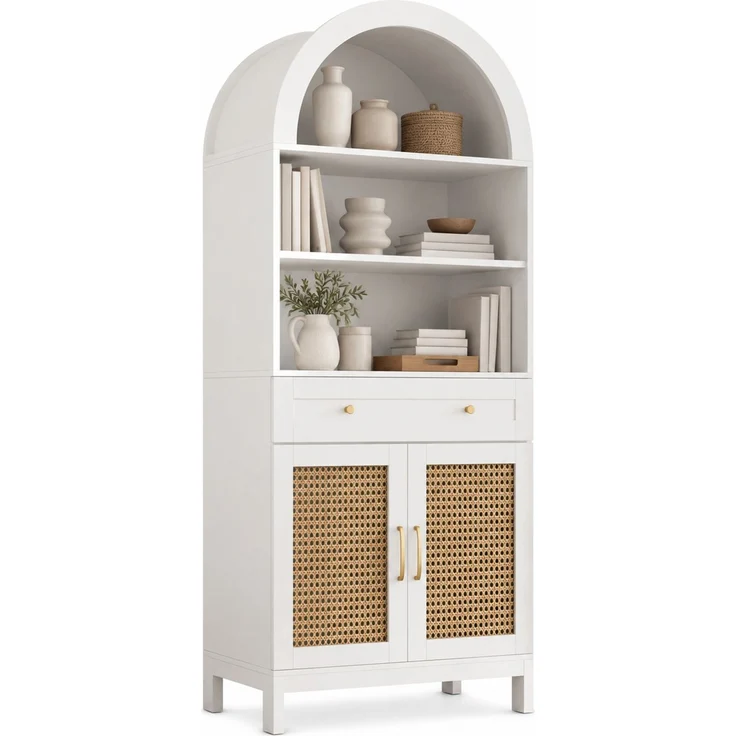 Vitrinenschrank B 70 x T 40 x H 170 cm aus MDF und Spanplatte mit Rattan-Optik – Bild 6