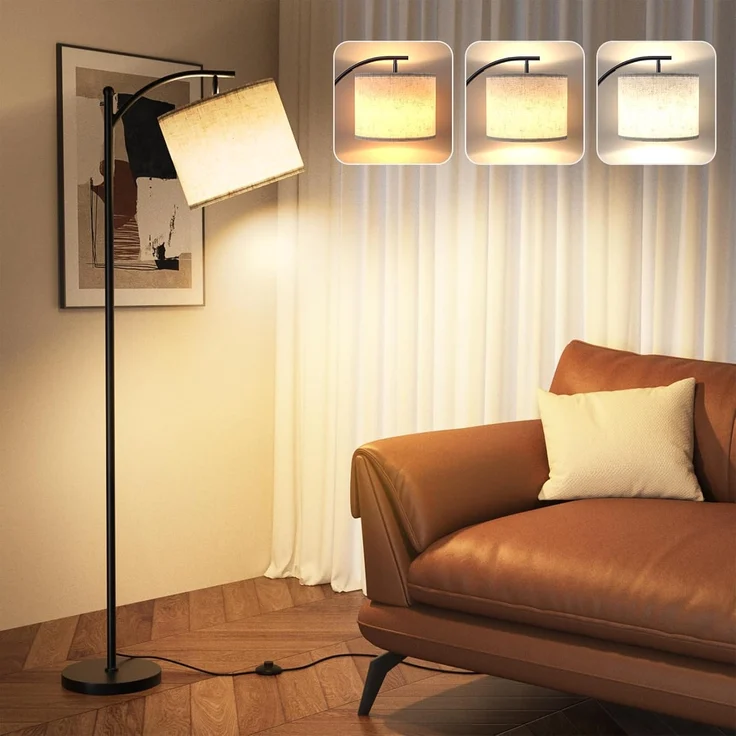 YICAIZI Stehlampe Wohnzimmer Dimmbar, Modern Standleuchte mit 3 Farbtemperaturen, Beigen Leinen-Lampenschirm, 12W Glühbirne inklusive, Fernbedienung und Fußschalter (Beige) – Bild 8