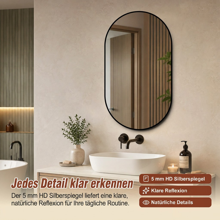 Badspiegel 50 × 80 cm mit schwarzem Aluminiumrahmen – 5 mm HD Silberspiegel, Sicherheitsfolie, klare Reflexion, horizontal & vertikal montierbar--Silber--80x50x3cm--YOUDENOVA – Bild 6