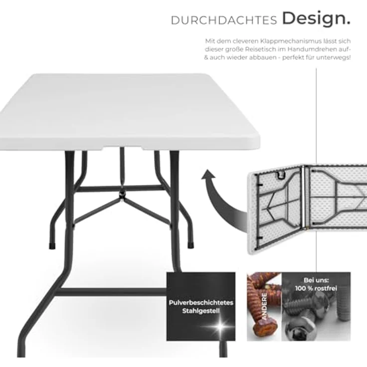 tectake® Klapptisch, Campingtisch mit Trageschlaufe, Gartentisch klappbar, Anti-Rutsch Füße, robust, leicht zu reinigen, 183 x 76 x 74 cm, Tisch für Garten, Terrasse, Balkon, Camping und Picknick – Bild 6