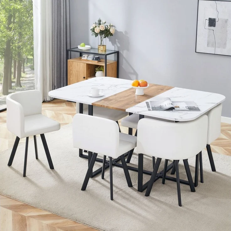 ANYSUN Essgruppe Esstisch-Set,Esstisch mit 6 Stühlen, für 4-6 Personen, (Set, 7-tlg,Tisch mit Holzmaserung-Oberfläche & schwarzem Metallgestell, Tisch mit 6 Stühlen), Esszimmerstuhl,rechteckig Küchentisch,ideal für Küche & Wohnzimmer – Bild 1