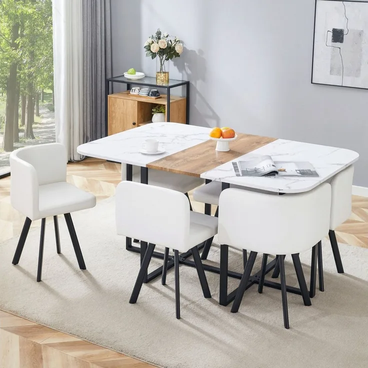 ANYSUN Essgruppe Esstisch-Set,Esstisch mit 6 Stühlen, für 4-6 Personen, (Set, 7-tlg,Tisch mit Holzmaserung-Oberfläche & schwarzem Metallgestell, Tisch mit 6 Stühlen), Esszimmerstuhl,rechteckig Küchentisch,ideal für Küche & Wohnzimmer