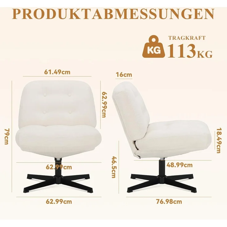 COLAMY Ergonomischer Bürostuhl Ohne Rollen, Schneidersitz Stuhl, Criss Cross Chair, 360° Drehbar Lehnstühle Lounge, Schminktisch Stuhl für Home Office, Weiß – Bild 3