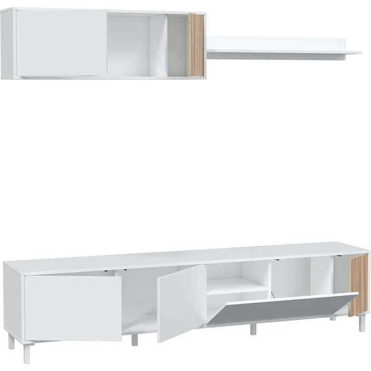 Habitdesign, Wohnzimmermöbel mit großem Stauraum, 5 Drehtüren und 1 Klapptür, in Artik weiß und Natur, moderner Stil für Esszimmer, Maße: 200 x 47 x 40 cm (B x H x T), Modell Ethna – Bild 2