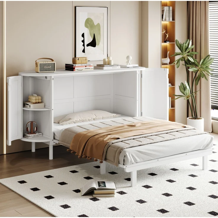 Schrankbett 140x200 cm, vertikales Wandklappbett aus Holz in Weiß mit Rattan-Optik und Staufächern – Bild 1