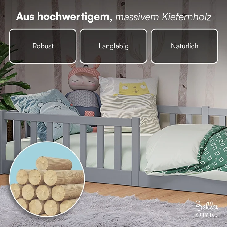 Bellabino 'Vere' Bodenbett 90x200 cm, grau, Massivholz Kiefer, Montessori Kinderbett mit Rausfallschutz und Lattenrost – Bild 7