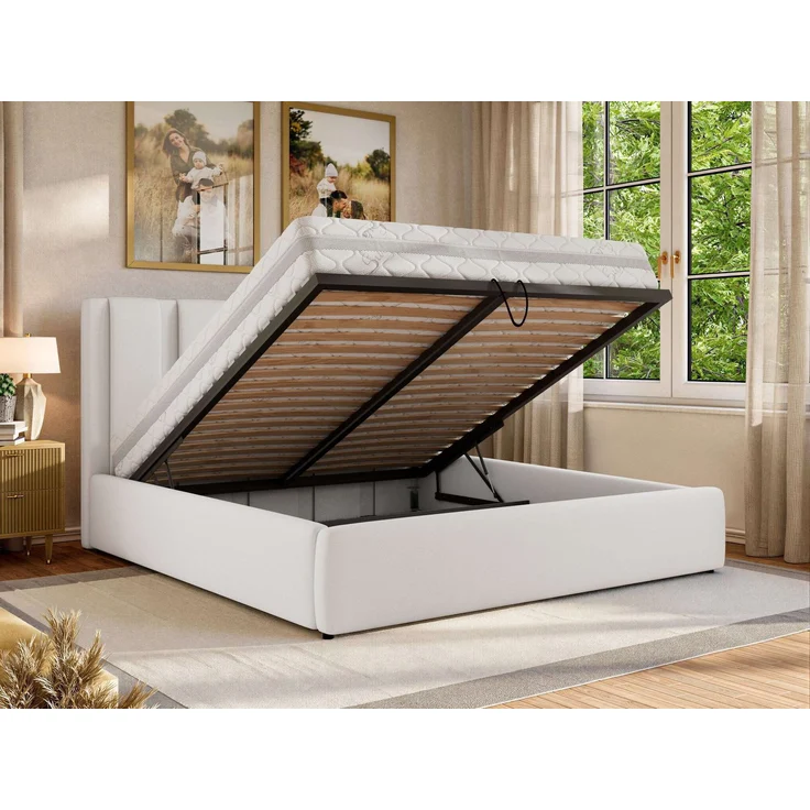 Polsterbett SAVINO CLASSIC mit Bettkasten und Lattenrost Doppelbett 200 x 200 cm mit hohem Kopfteil Stauraumbett Bett mit Gasdruckfeder - Weiß Kunstleder - Pocket Matratze - VIRE LUX – Bild 4