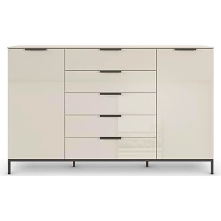 Rauch Möbel Flipp, Nachttisch für Schlafzimmer, Kinderzimmer, Wohnzimmer, Flur, Garderobe, 2-türig, 5 Schubladen, mit Softclose-Funktion, Griffe und Metallkufe Graphit, Farbe Glas Beige, Breite 180 cm – Bild 6