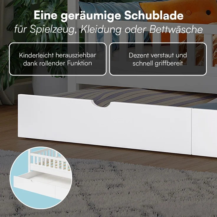 Bellabino 'Vils' Hausbett 90x200 cm mit großer Schublade, weiß, Kiefer Massivholz, Montessori Kinderbett mit Stauraum, inkl. Rausfallschutz und Lattenrost – Bild 6