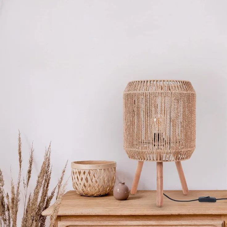 Paco Home Tischleuchte SOL, ohne Leuchtmittel, Boho Deko Lampenschirm Korb Holz E27