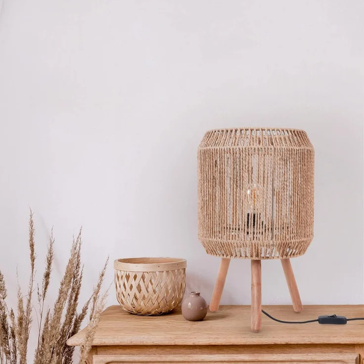 Paco Home Tischleuchte SOL, ohne Leuchtmittel, Boho Deko Lampenschirm Korb Holz E27