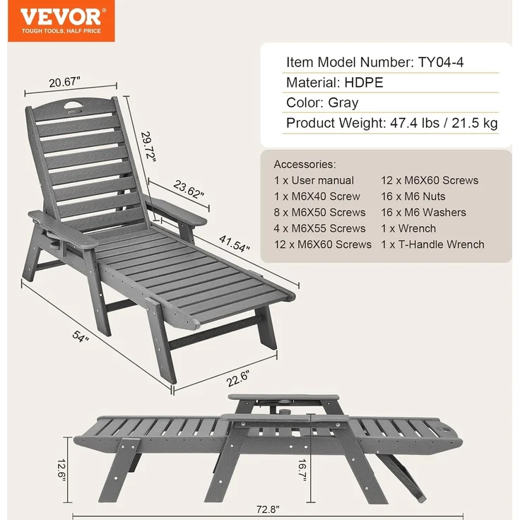 VEVOR Sonnenliege, 181 kg Tragkraft, HDPE Gartenliege, Strandliege mit 6-Fach Verstellbarer Rückenlehne, Armlehne, Getränkehalter, Balkonliege, Terrassenliege für Pool, Terrasse, Patio, Rasen, Grau – Bild 3