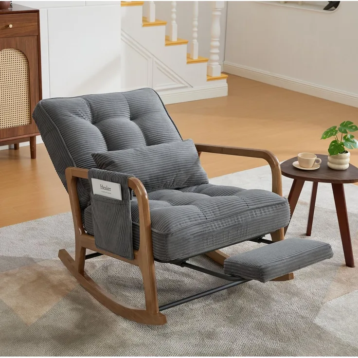 MODFU Loungesessel Ergonomischer Freizeitstuhl aus Cord mit Fußstütze (verstellbarer Schaukelstuhl und Baby-Sessel mit Lendenkissen), Schaukelstuhl Polstersessel