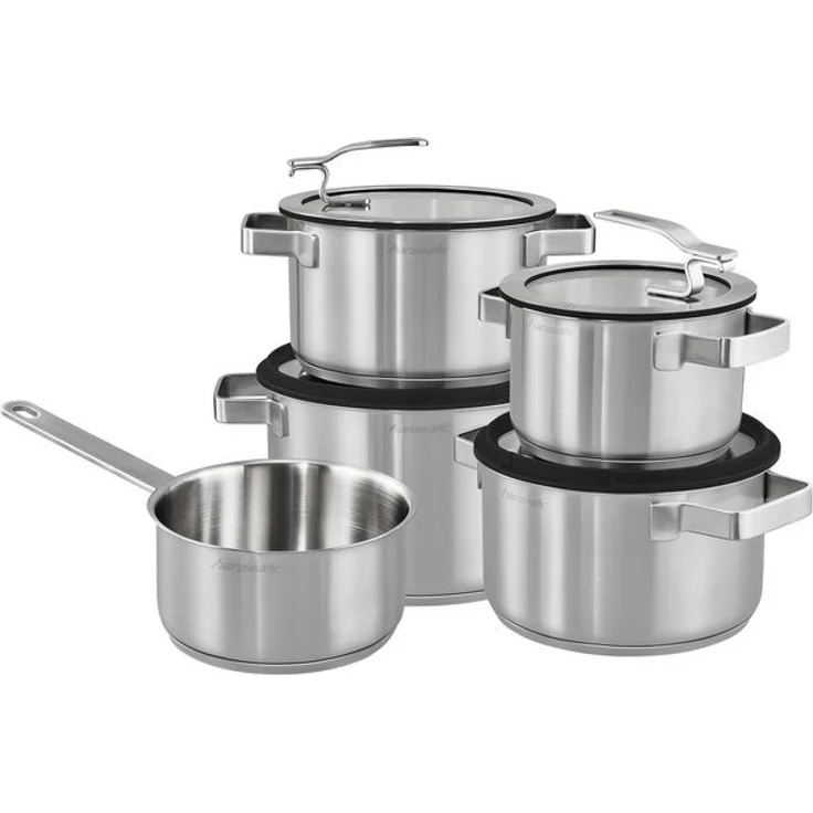 Hanseatic Topf-Set STYLE, Edelstahl 18/10 (Set, 9-tlg, Fleischtopf 1x 16 cm / 2x 20 cm / 1x 24 cm, Stielkasserolle 16 cm), Deckel mit praktischer Aufhänge-Funktion, Induktion – Bild 4