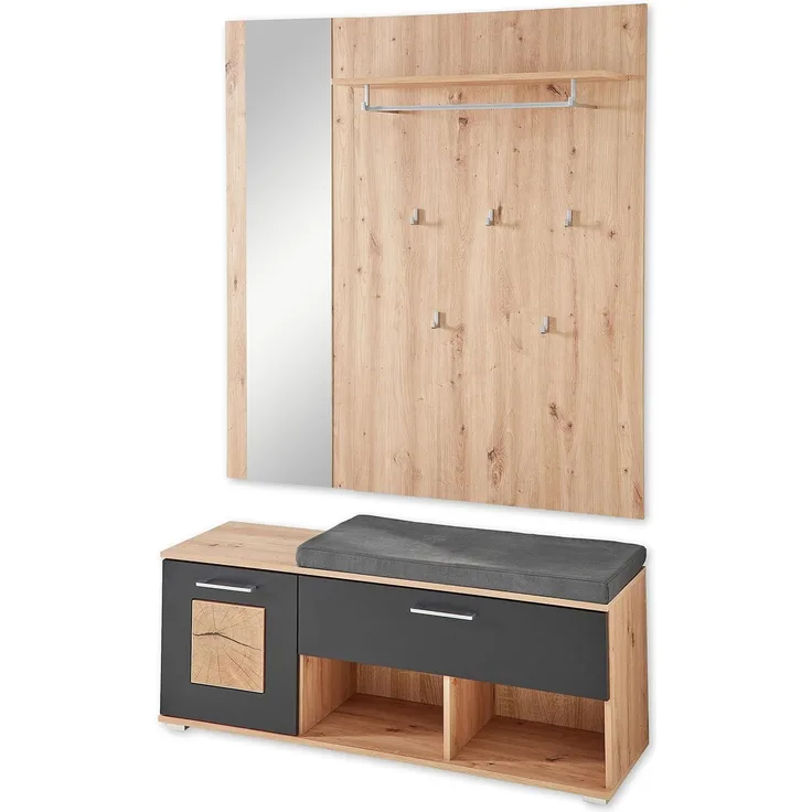 Garderobe Set Paneel Bank und Spiegel FUN Artisan Eiche / schwarz ca. 126 x 193 x 38 cm