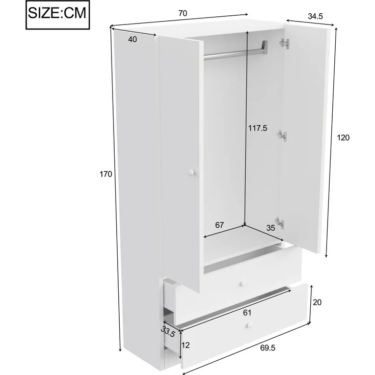 Kleiderschrank 70 x 40 x 170 cm in Rosa und Weiß mit Hängebereich und zwei Schubladen – Bild 2