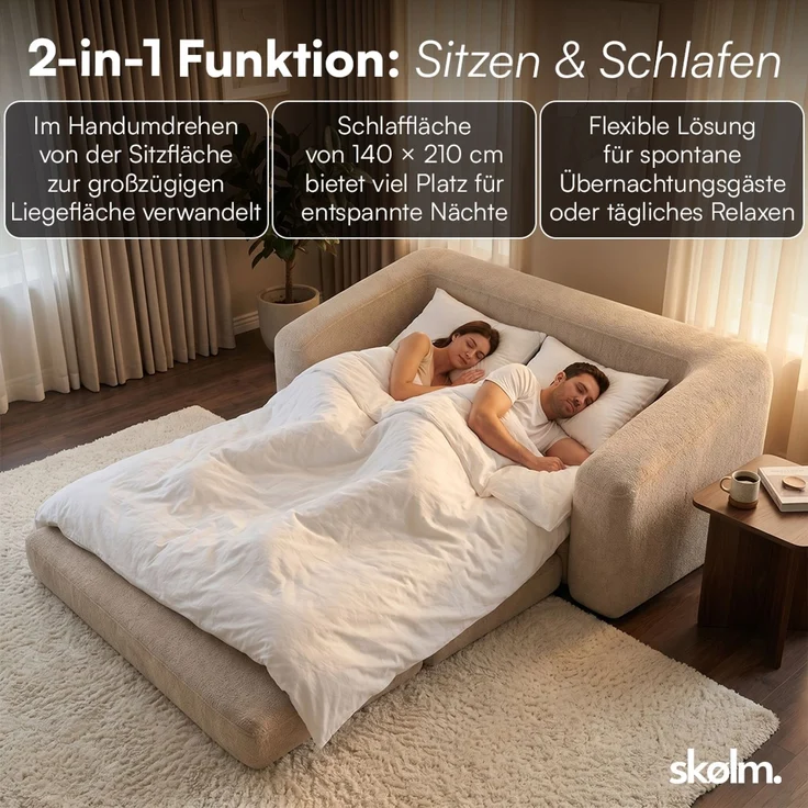 skølm 'Fjäll' Schlafsofa 2 Sitzer mit 2 Kissen, beige, Teddy-Bouclé Sofa ausklappbar, mit Liegefunktion, vakuumverpackt ohne Aufbau – Bild 5