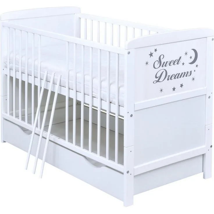 Baby-Delux Babybett Sweet Dreams Bettkasten, Kinderbett Gitterbett 140x70 weiß mit Beißschienen Schublade, Matratze