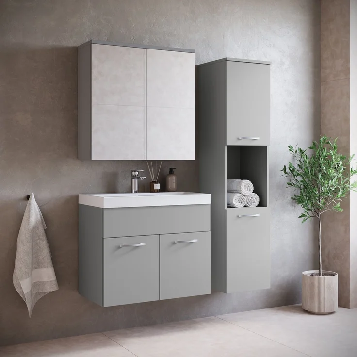 Badplaats Badmöbel Komplettset Montreal 60x35 cm Grau Matt - Badezimmermöbel mit Waschbecken, Spiegelschrank und Badezimmerschrank – Bild 2