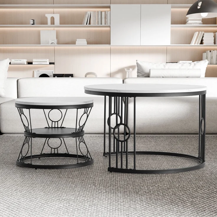2er-Set Couchtisch aus MDF mit lötstellenfreiem Metallrahmen & Safety-Design, 70x70x45 cm + 45x45x37 cm – Bild 2