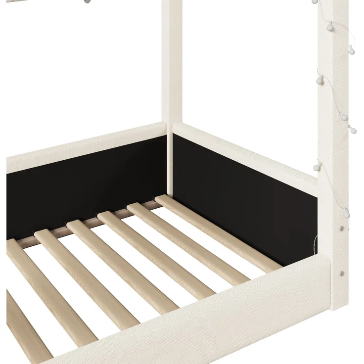 Gepolstertes Tagesbett 90x200 cm mit Haus-Design, LED-Lichtleisten und Leinenbezug, Beige – Bild 6