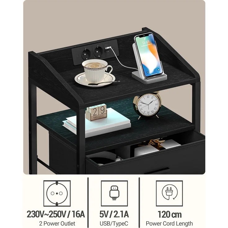 Nachttisch 2er Set, mit LED-Leuchten und Ladestation, Beistelltisch mit 3 Stoff-Schubladen und Regalen, mit USB-Anschlüssen & Steckdosen, für Schlafzimmer, Wohnzimmer, Schwarz – Bild 3