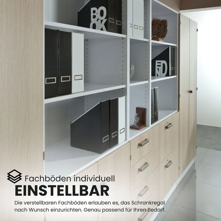 bümö office Aktenschrank Regal mit Schubladen, Büroschrank schmal aus FSC-Holz, 40cm breit in Ahorn/Silber - Aktenregal & Schubladenschrank mit Chromgriffen, Büro Möbel Schrank System, 7600-3-S-CE