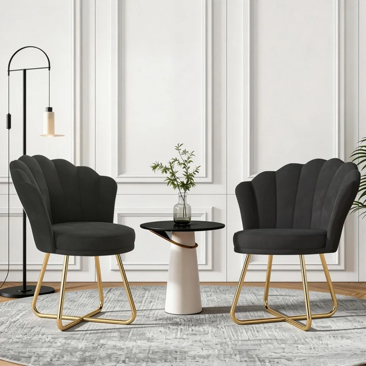 Hawthyhome Polsterstuhl Polstersessel 2er Set mit Blütenblatt-Rückenlehne, hohe Rückenlehne mit Kopfstütze, gepolsterte Armlehnen, Wasserfall-Sitzkissen, SGS-zertifiziert, vielseitig für Esszimmer, Schminktisch & Wohnzimmer, Schwarz – Bild 7