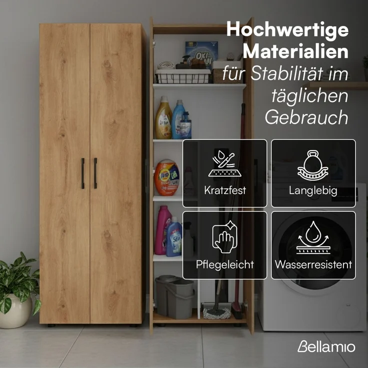 Bellamio 'Apol' Mehrzweckschrank, Eichenoptik, 176x33x60 cm, Besenschrank mit Staubsaugerfach und 4 weiteren Fächern – Bild 5