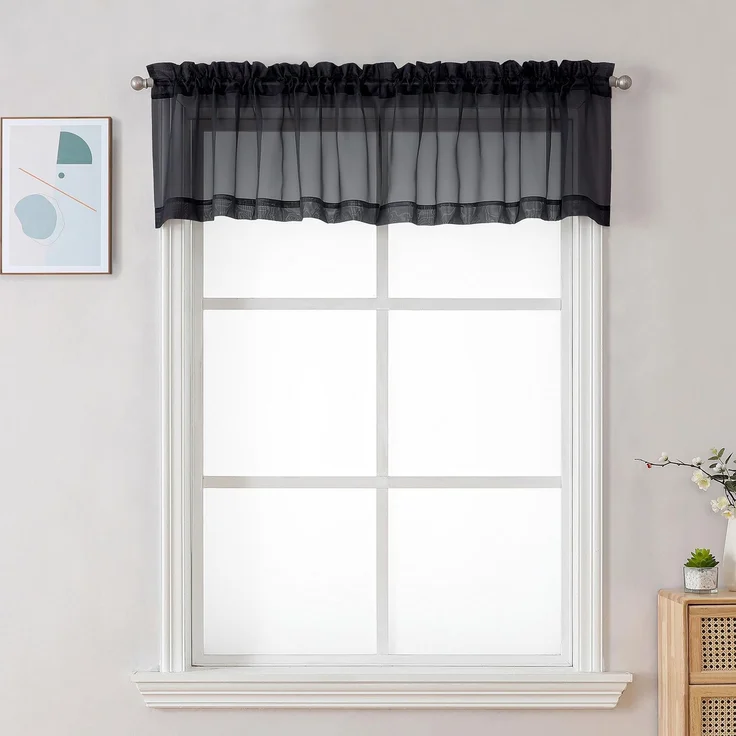 Chyhomenyc Durchsichtige Volants für Fenster, 106x35 cm, kleine Fenstervorhänge für Wohnzimmer, Badezimmer, Café, Wäsche, Keller, Elegante Oberseite, Doppelstangentasche, Voile-Vorhang, Schwarz, 2