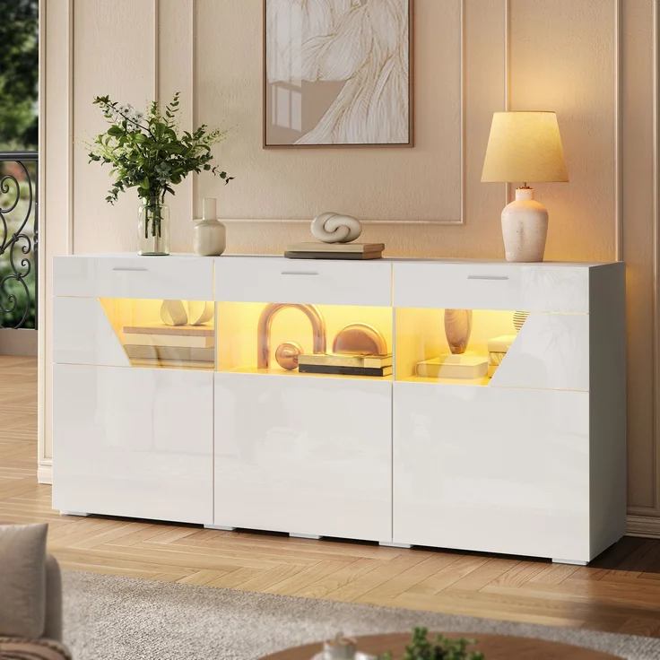 ZUBALIYA Sideboard 160x38x78 cm, mit LED-Beleuchtung, Hochglanz, mit 3 Türen, aus Spanplatte, Weiß – Bild 2