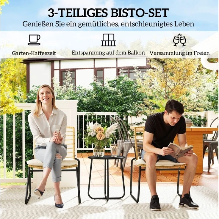 Redom Balkonmöbel-Set 40 x 40 x H 46 cm aus Rattan mit 2 stapelbaren Stühlen in Beige – Bild 5
