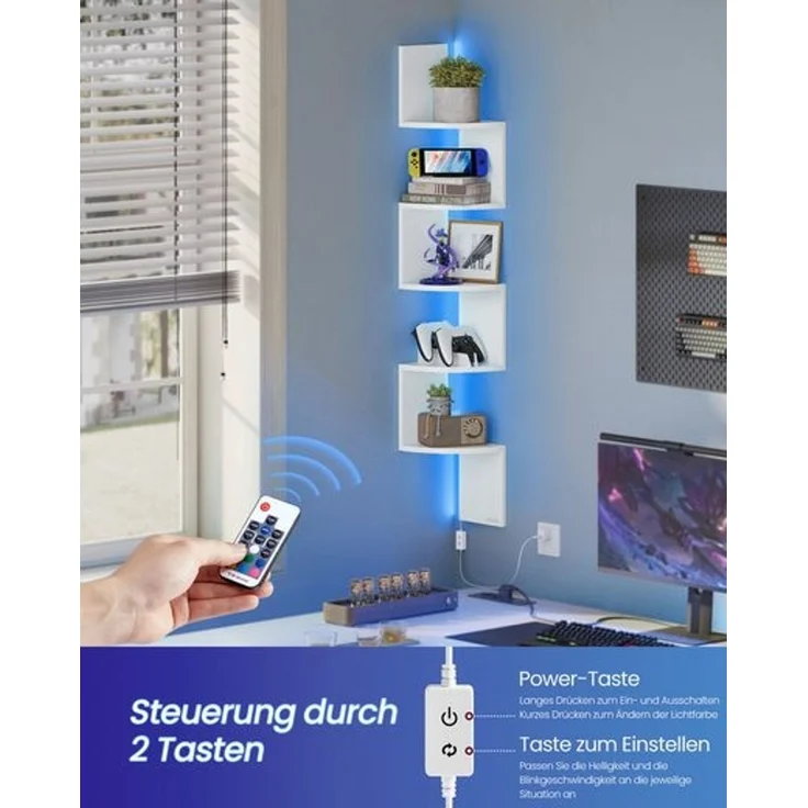 VASAGLE Eckregal mit LED-Beleuchtung, Wandregal 5 Ebenen, Schweberegal für Bücher, Bücherregal, Pflanzenregal für Schlafzimmer, Wohnzimmer, Badezimmer, Homeoffice, mattweiß LBC630W01 – Bild 3