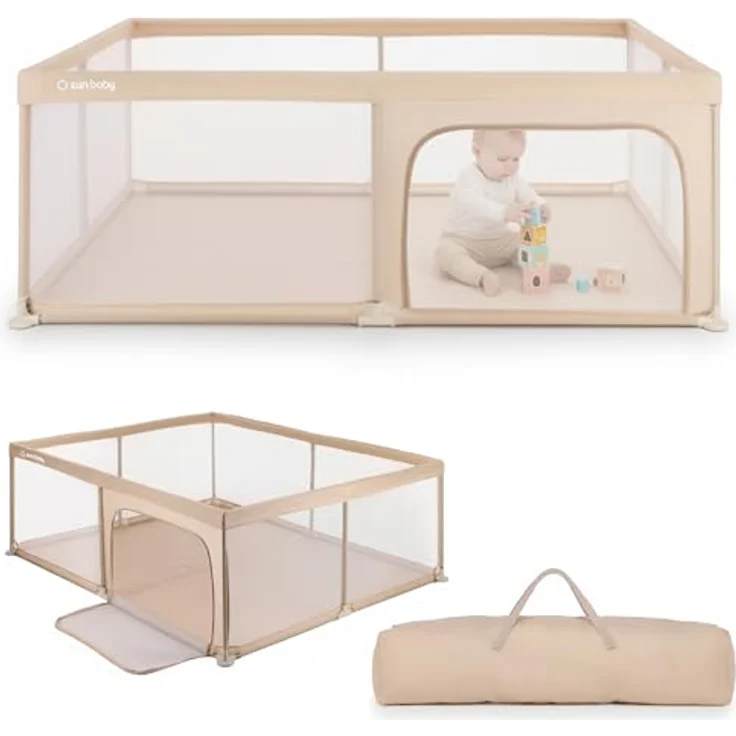 sun baby Laufstall 150x200 cm 0-2 Jahre Beige, Polyester, Netzwände, Eingang mit Reißverschluss, rutschfeste Füße, Tragetasche im Set, Metallrahmen – Bild 9