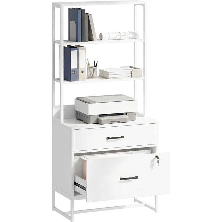 MELAYR, Aktenschrank mit Regal, 2 Schubladen, Arbeitsplatte für Drucker, 70 x 40 x 157 cm, Weiß