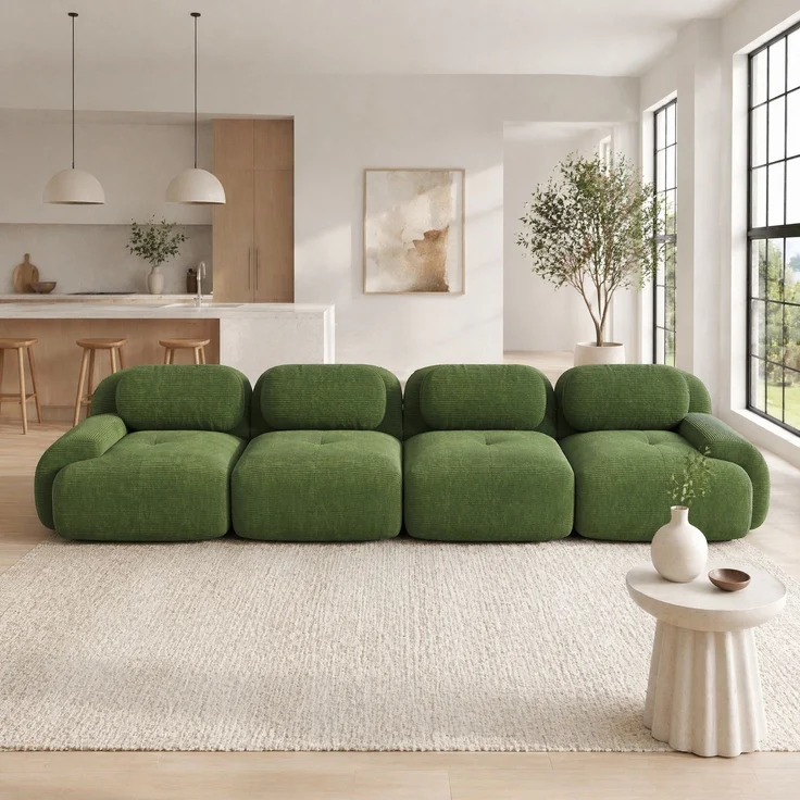 DESVIAE Sofa modular rahmenlos aus Cordstoff Grün mit 32D-Hochdichteschaum, 388 x 103 x 70 cm – Bild 2