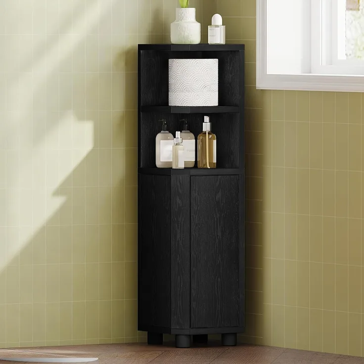 Badezimmerschrank, Eckschrank Badschrank, Toilettenschrank mit verstellbare Ablagen, 2 Seitentüren, schmales Badregal, einfache Montage, 20 x 20 x 79 cm, Schwarz