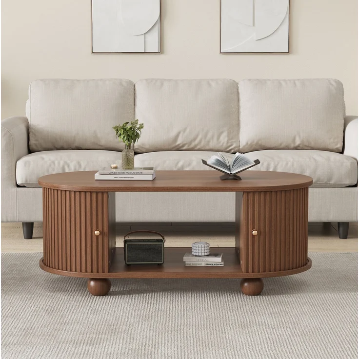 Ovaler Couchtisch aus MDF mit Stauraum und Schiebetür, 100x50x40 cm, Walnuss – Bild 3